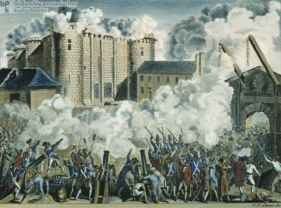 Die Erstürmung der Bastille in Paris am 14. Juli 1789 (undatierter Kupferstich)